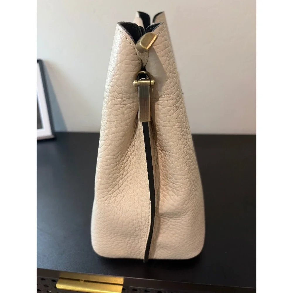 Isadora Italian Cream Pebbled Leather Handbag Metal Top Handle Tote Bag